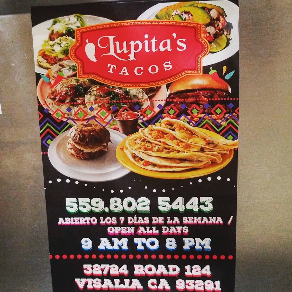 Lupita's Tacos menu board