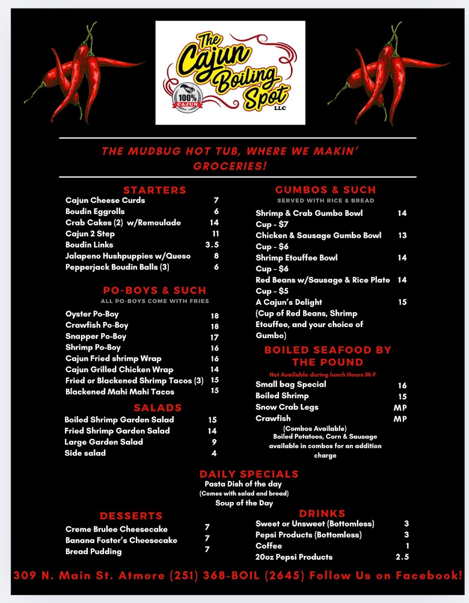 The Cajun Boiling Spot LLC menu board