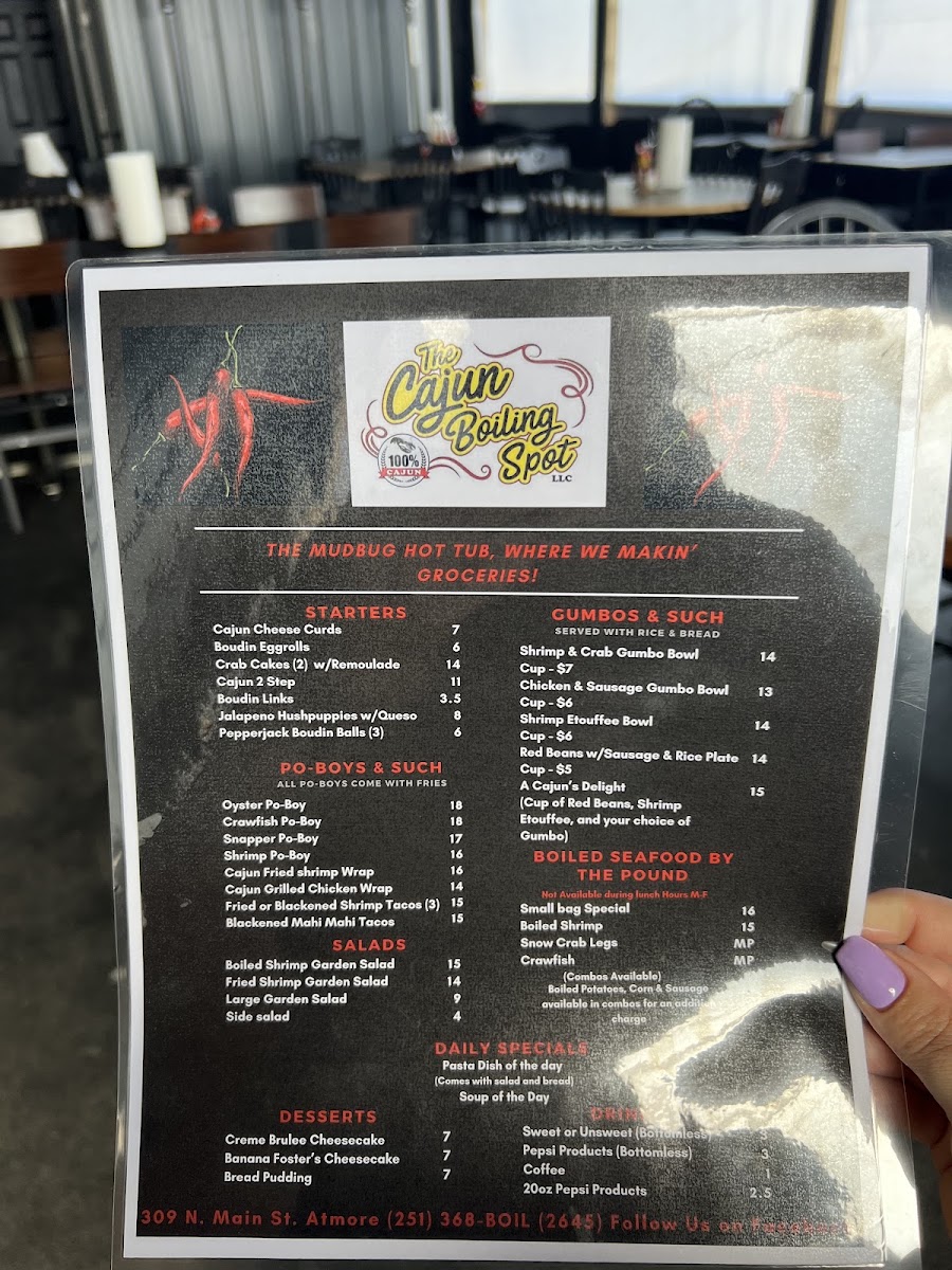 The Cajun Boiling Spot LLC menu board
