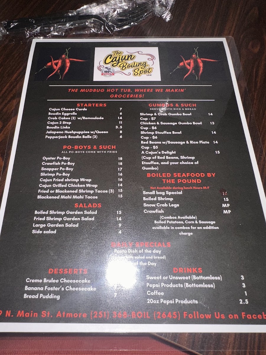 The Cajun Boiling Spot LLC menu board