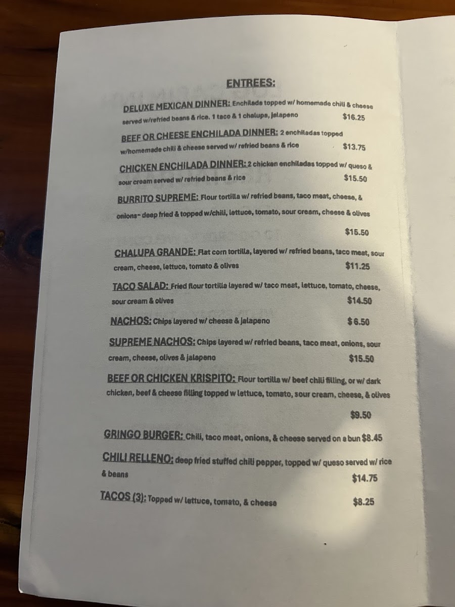 Log Cabin Inn menu board