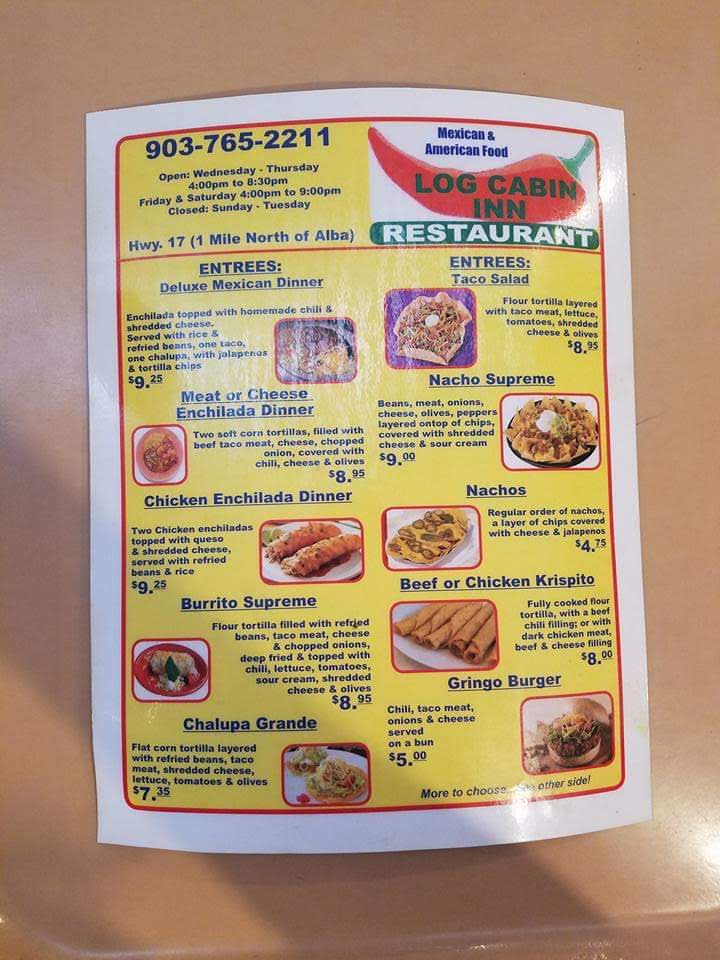 Log Cabin Inn menu board