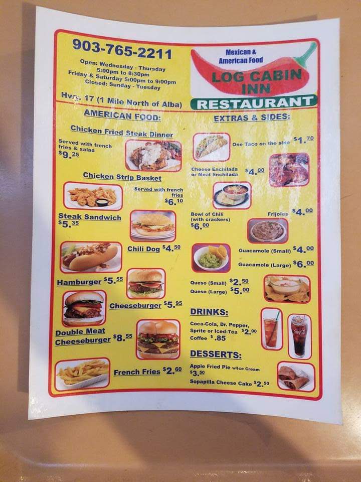 Log Cabin Inn menu board