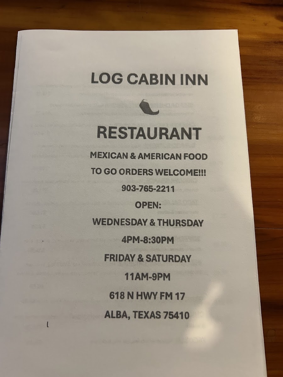 Log Cabin Inn menu board