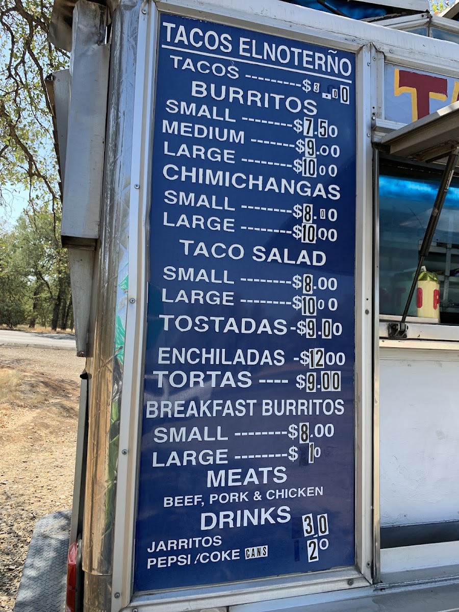 Tacos El Norteño menu board