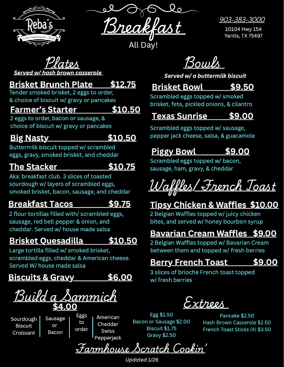 Reba’s menu board