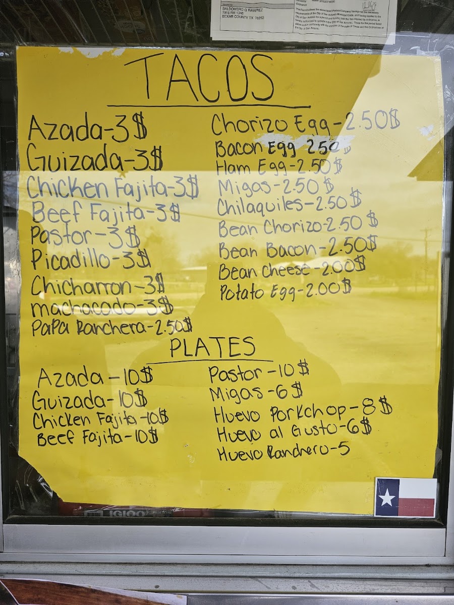BreakFast At Marys (Tacos Mary's) menu board