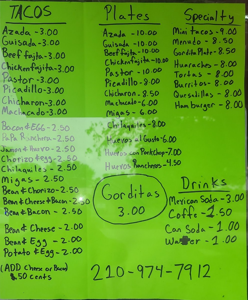 BreakFast At Marys (Tacos Mary's) menu board
