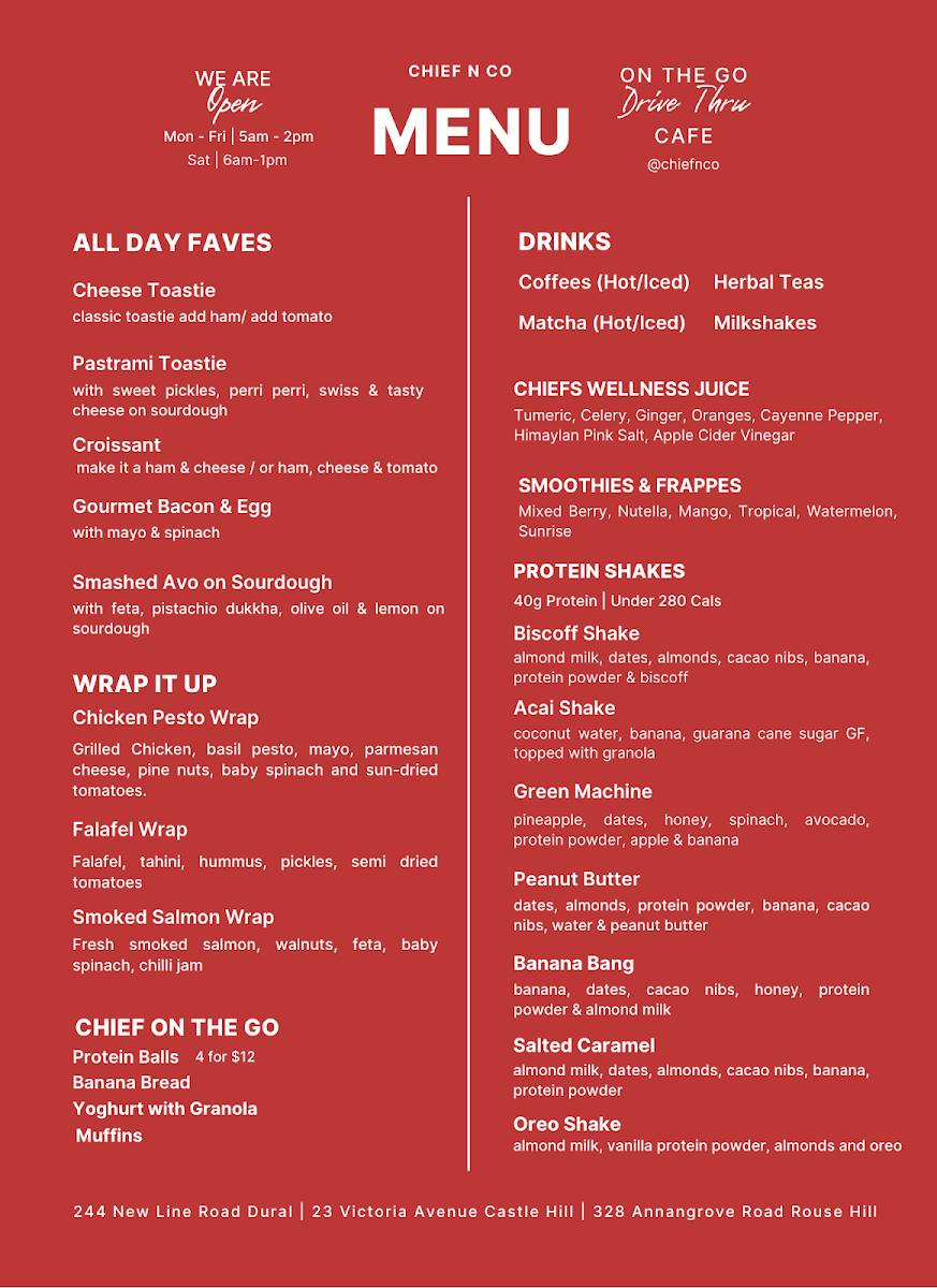Chief n Co Dural menu board