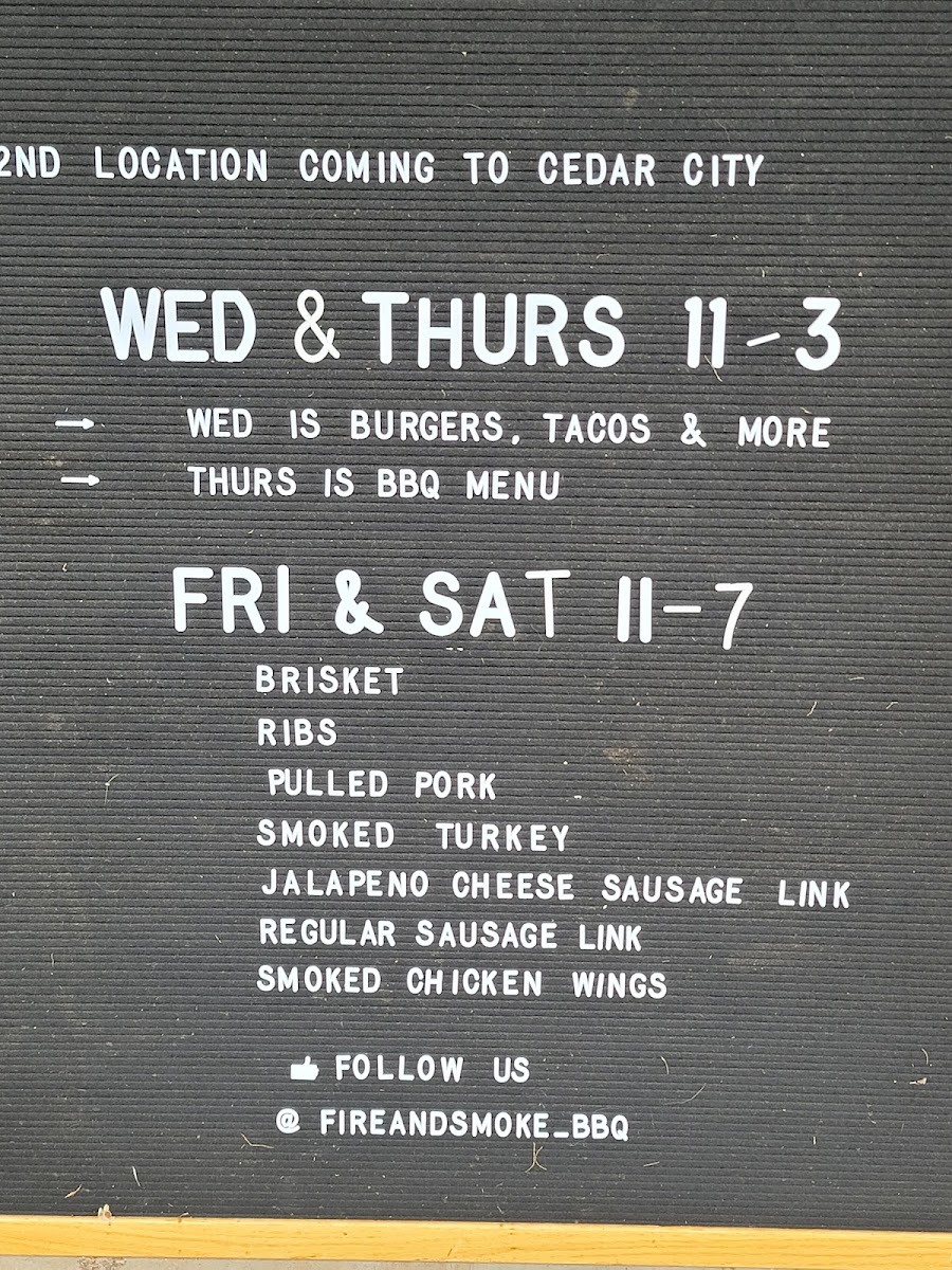 Fire + Smoke BBQ menu board