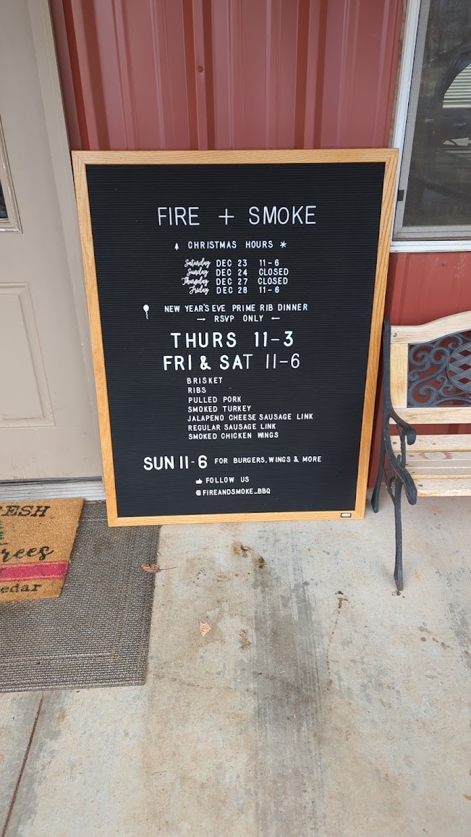 Fire + Smoke BBQ menu board