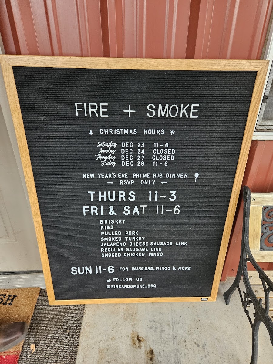Fire + Smoke BBQ menu board