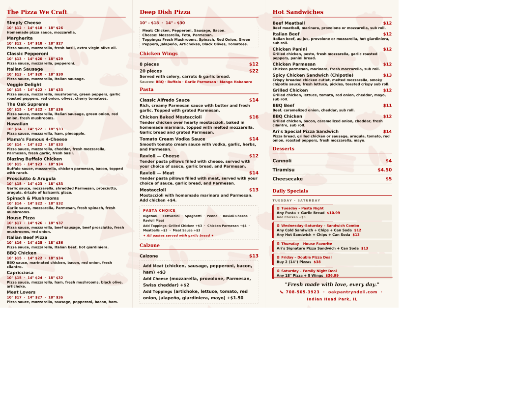 Oak Pantry deli n' Pizza menu board