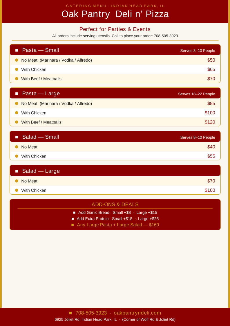 Oak Pantry deli n' Pizza menu board