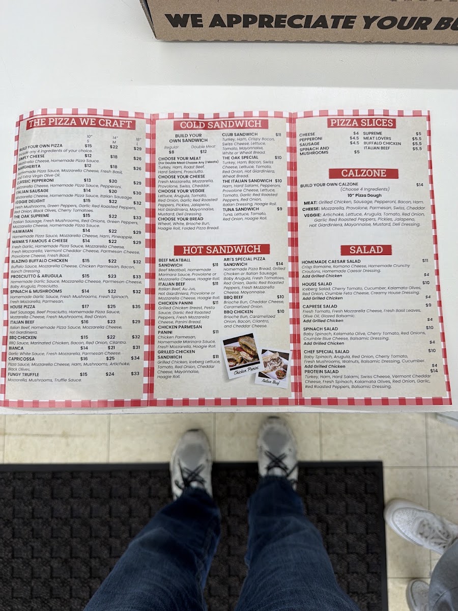 Oak Pantry deli n' Pizza menu board