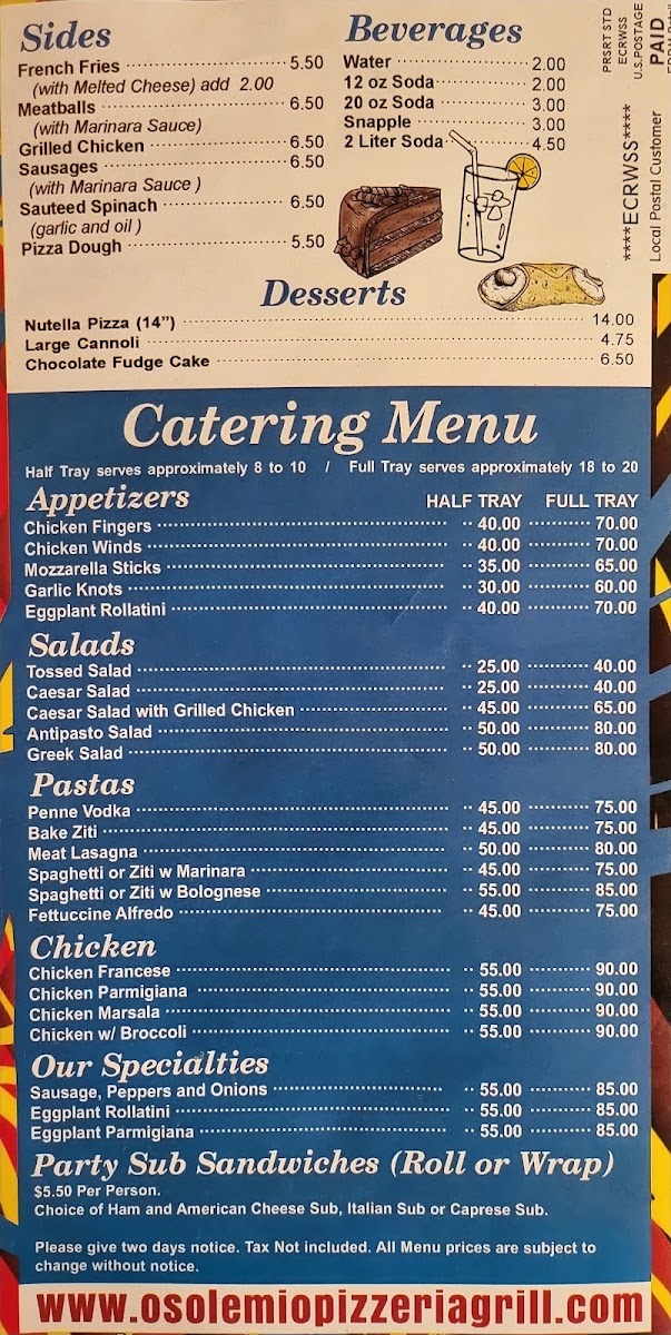 O Sole Mio Pizzeria & Grill menu board