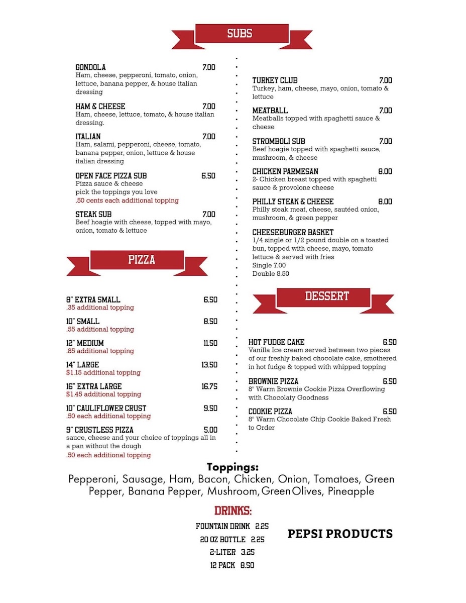 Cardo's Pizza of Lucasville menu board
