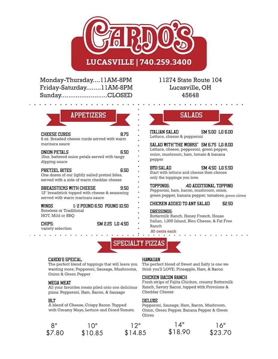 Cardo's Pizza of Lucasville menu board