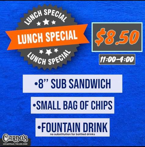 Cardo's Pizza of Lucasville menu board