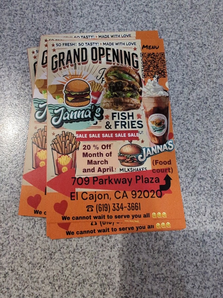 Janna’s Burgers, Fish and Fries menu board