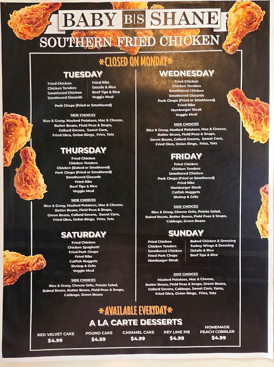 Baby Shane Southern Fried Chicken menu board
