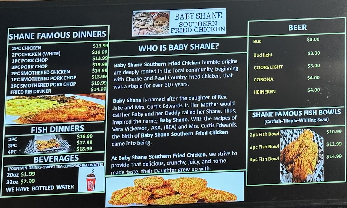 Baby Shane Southern Fried Chicken menu board
