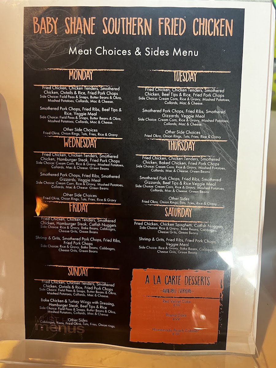 Baby Shane Southern Fried Chicken menu board