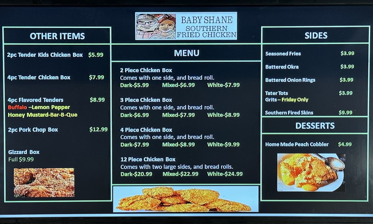 Baby Shane Southern Fried Chicken menu board