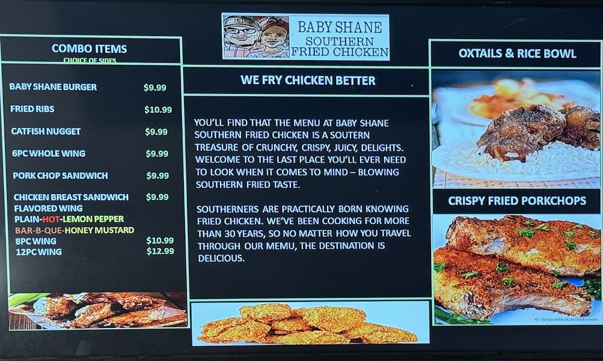 Baby Shane Southern Fried Chicken menu board