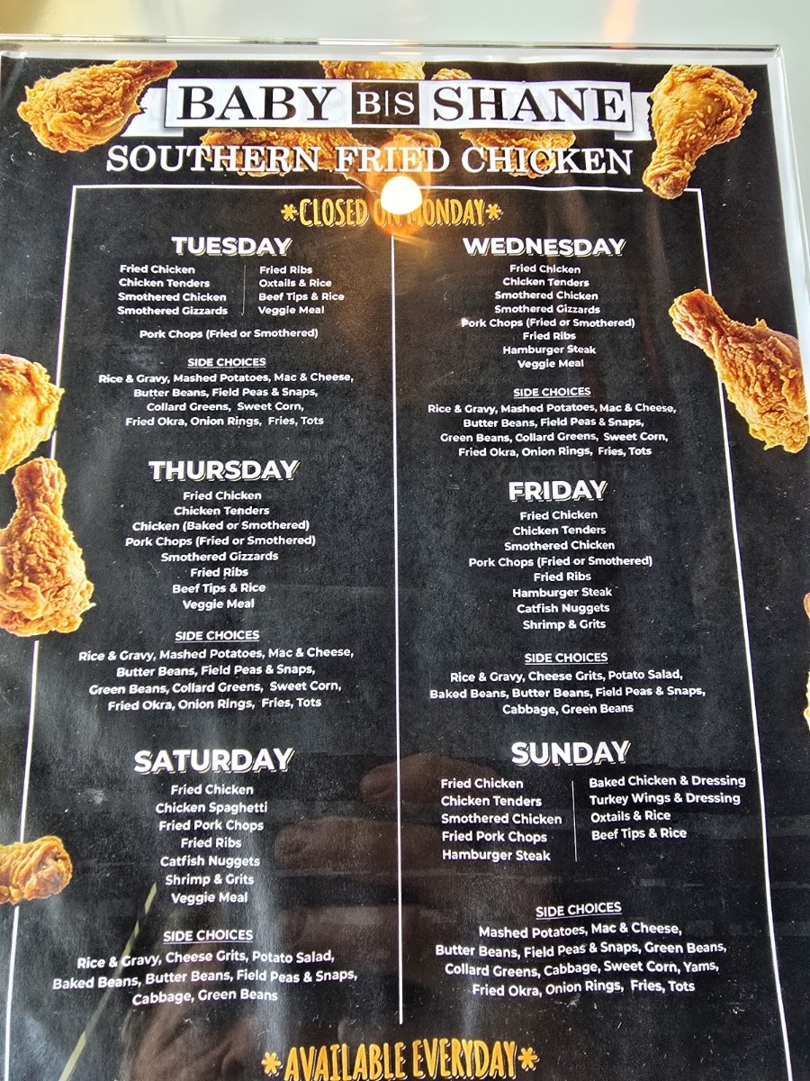 Baby Shane Southern Fried Chicken menu board