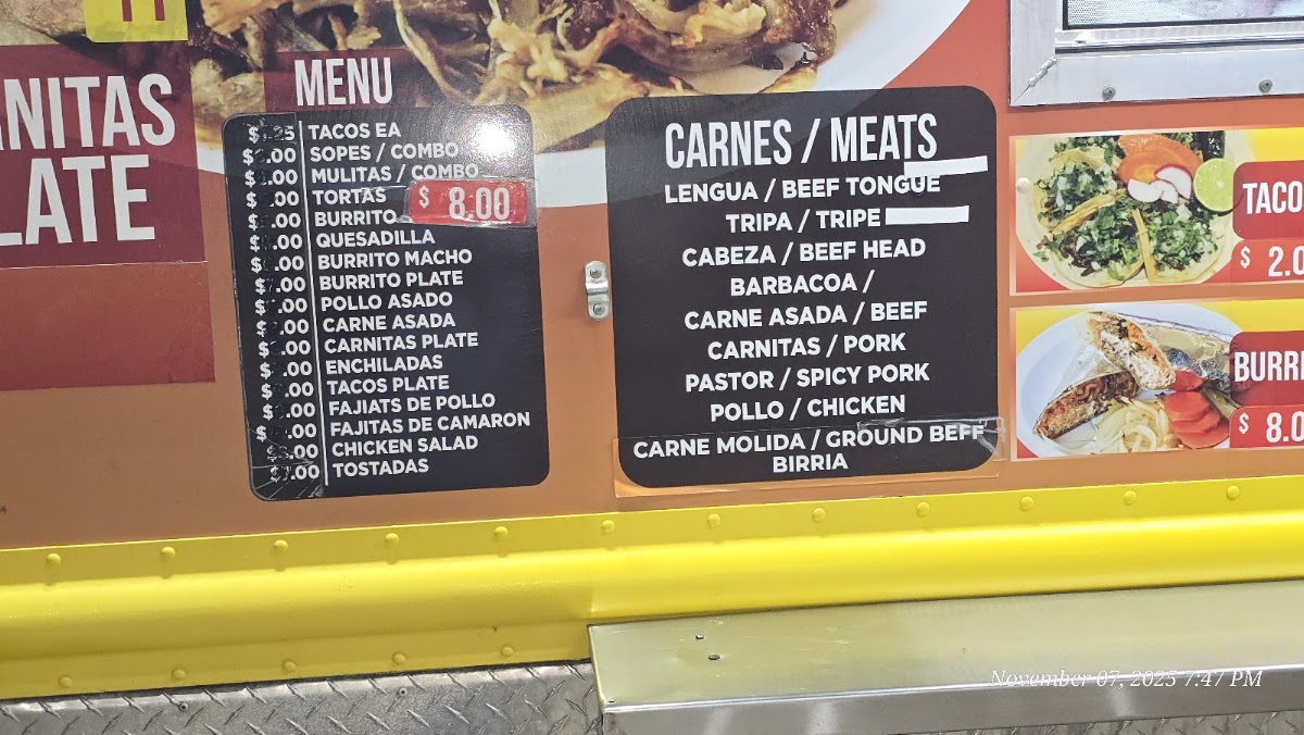 Tacos Jalisco Los Amigos Food Truck menu board