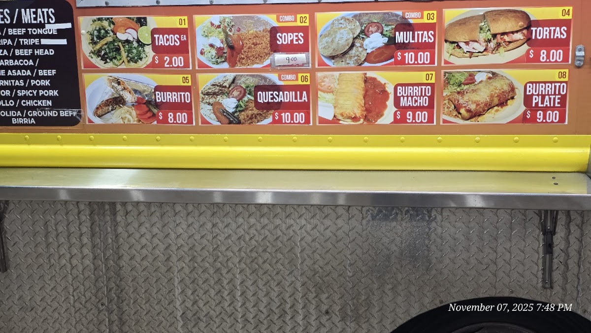 Tacos Jalisco Los Amigos Food Truck menu board