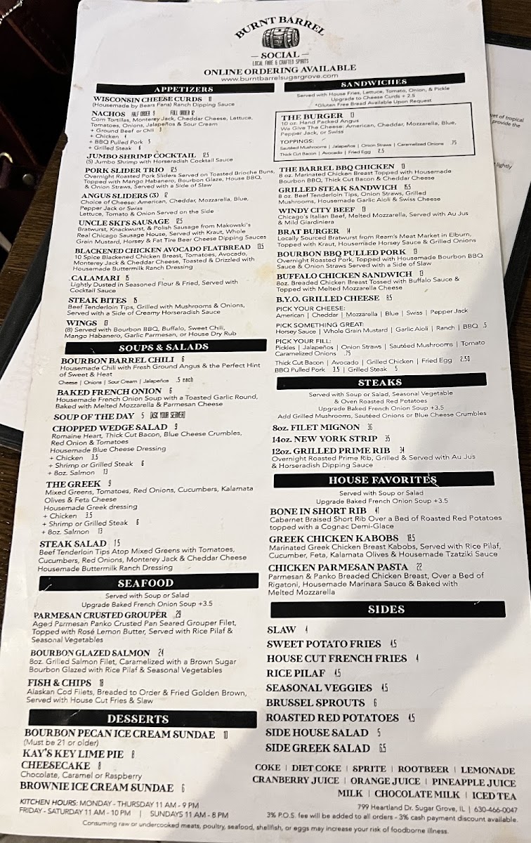 Burnt Barrel Social - Sugar Grove menu board