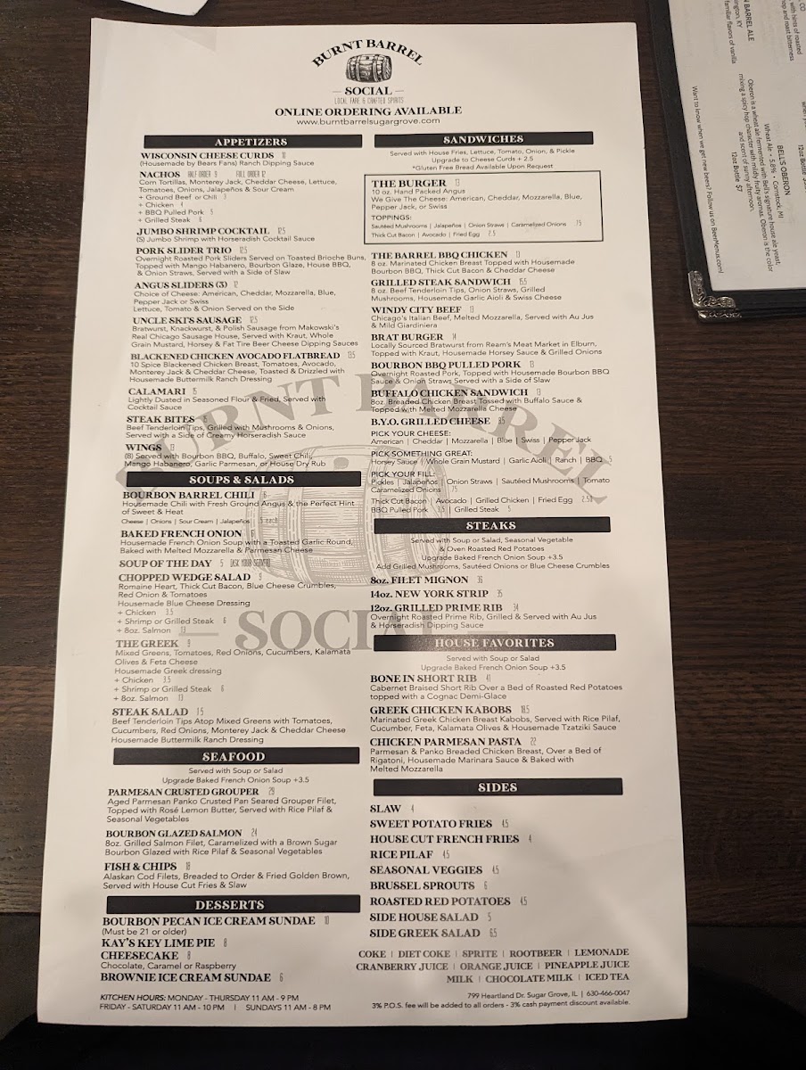 Burnt Barrel Social - Sugar Grove menu board