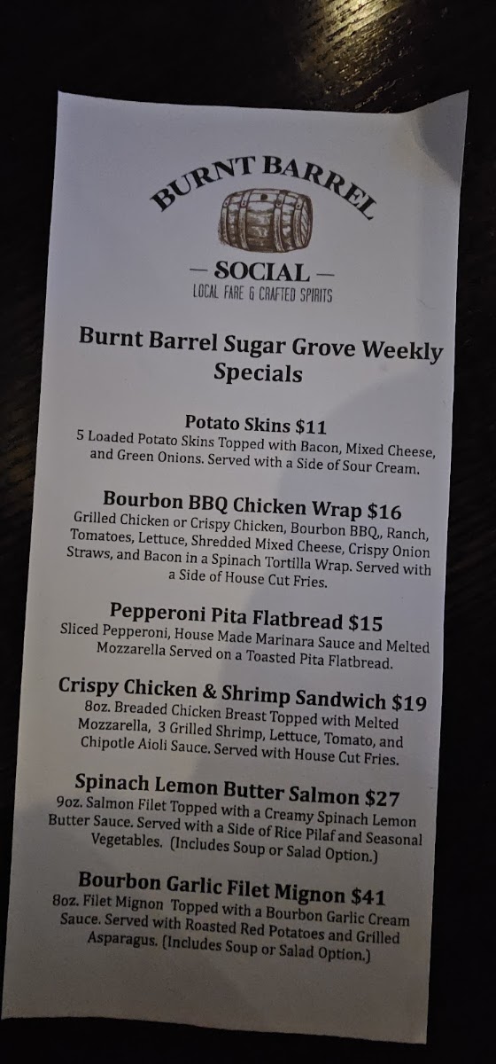 Burnt Barrel Social - Sugar Grove menu board