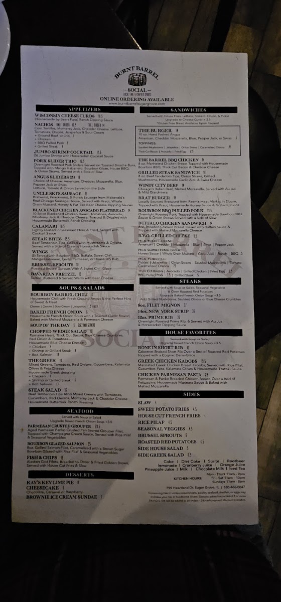 Burnt Barrel Social - Sugar Grove menu board