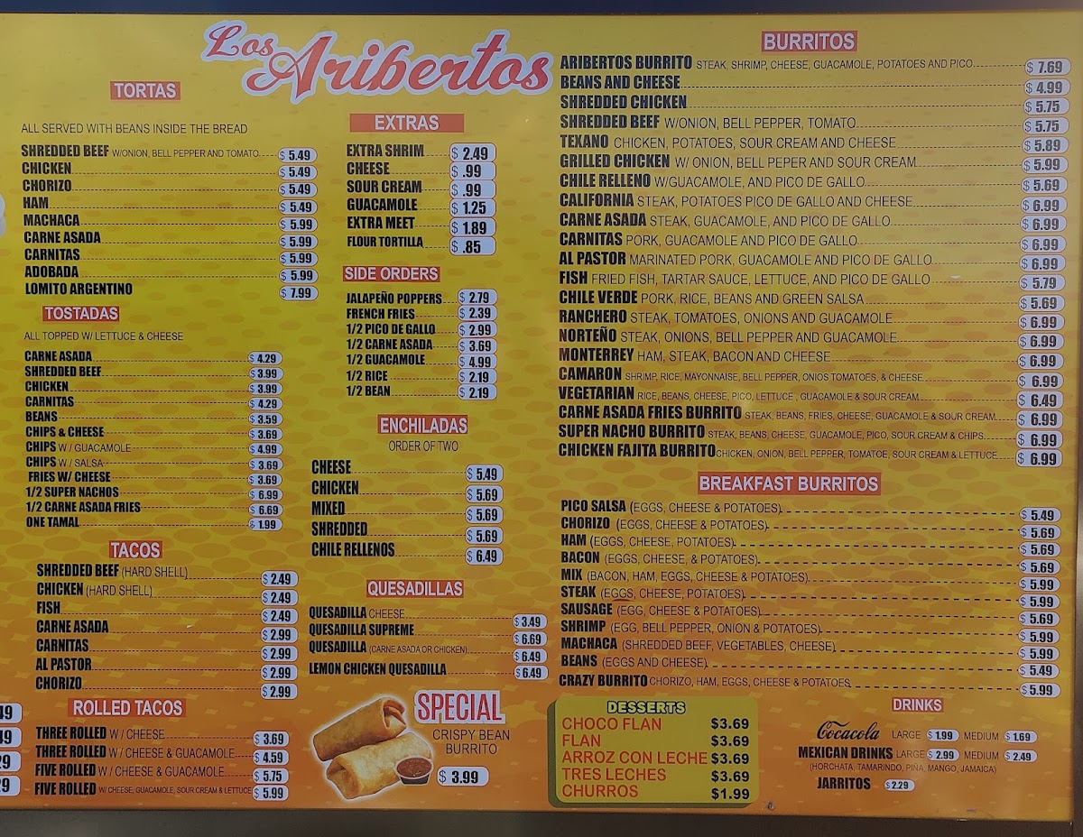 Los Aribertos Mexican Food menu board