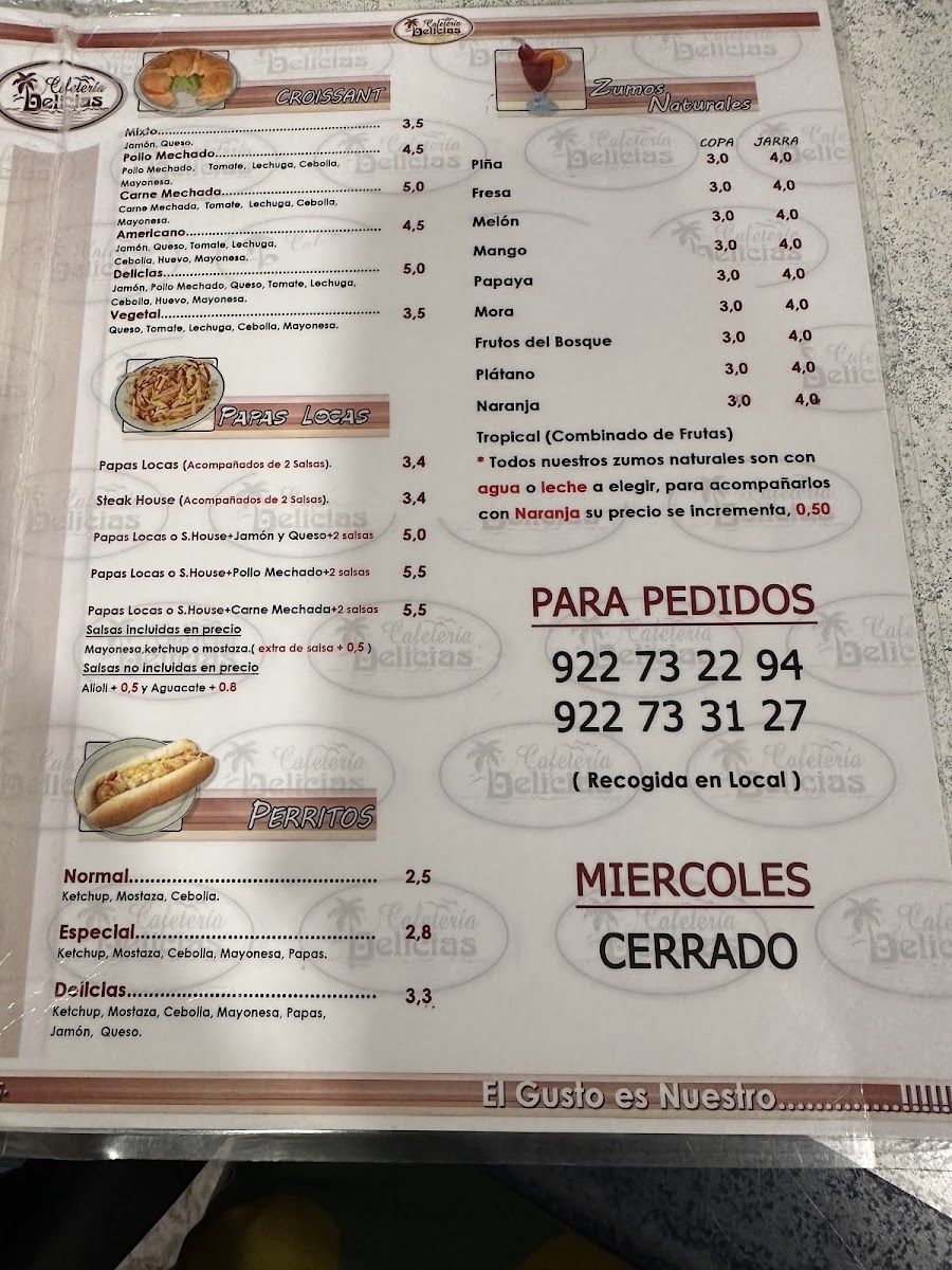Cafeteria DELICIAS menu board