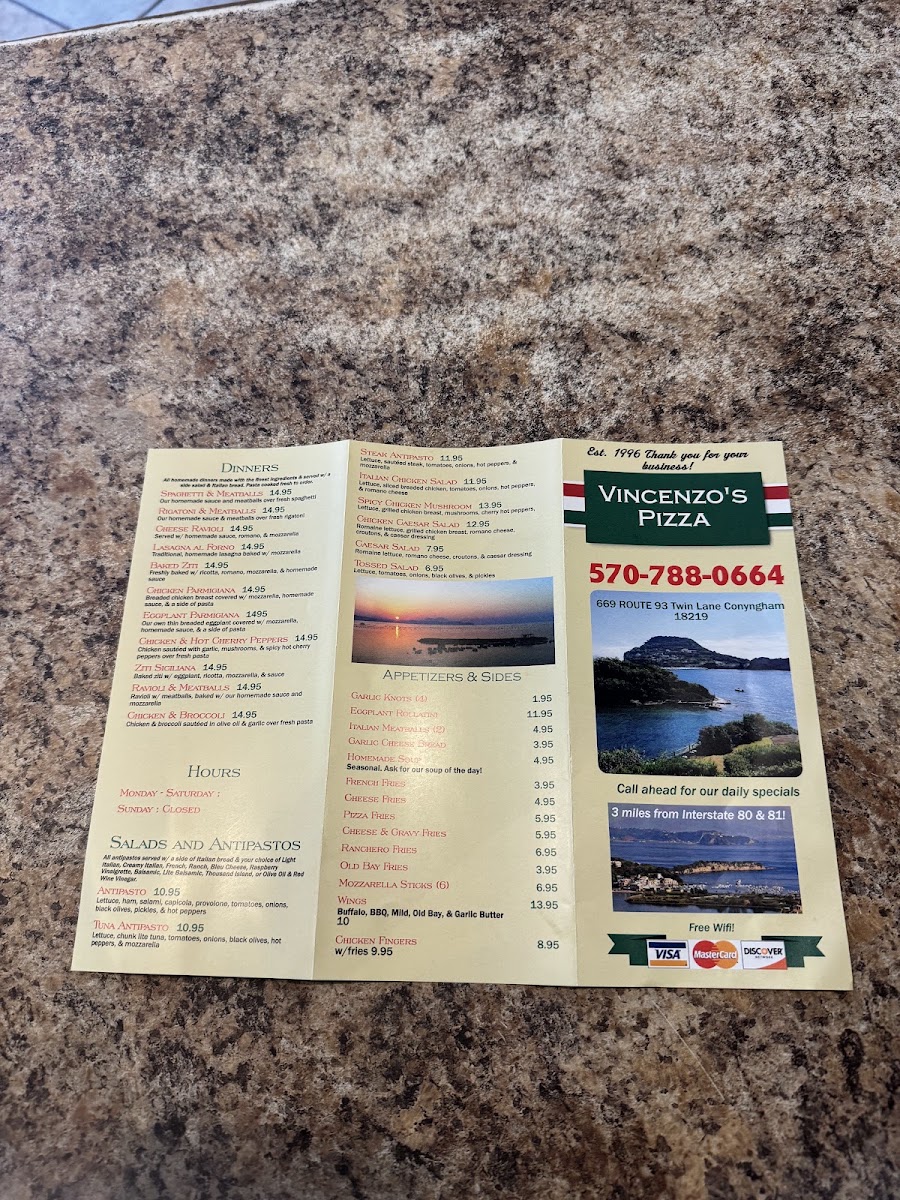 Vincenzo’s Pizza menu board