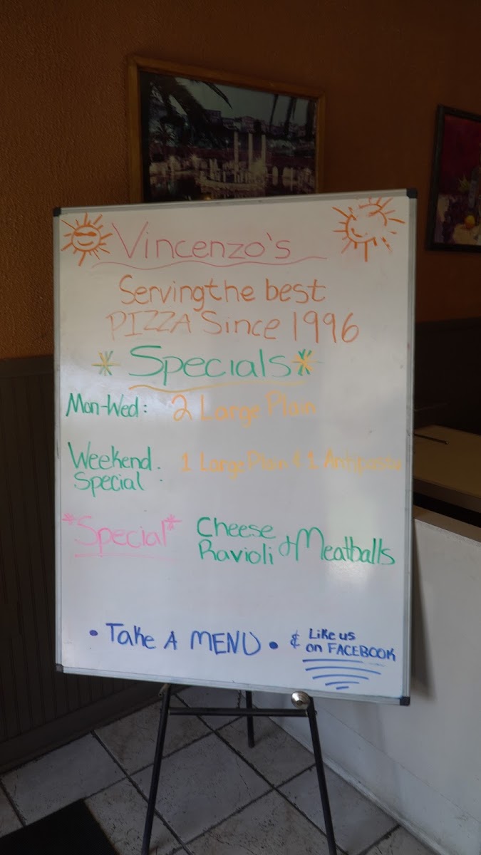 Vincenzo’s Pizza menu board