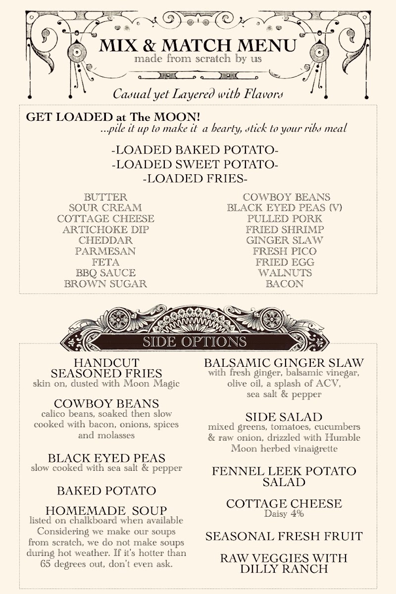 Humble Moon Folkstead and Saloon menu board
