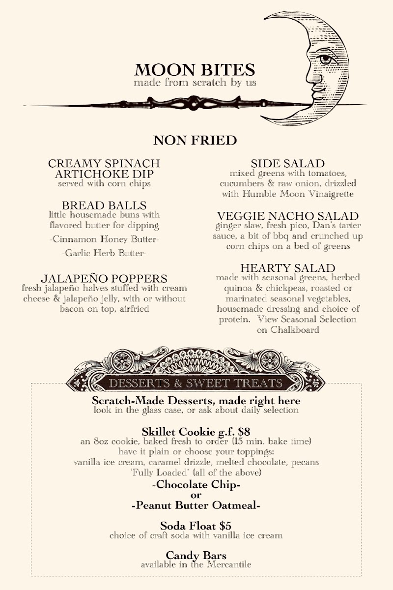 Humble Moon Folkstead and Saloon menu board