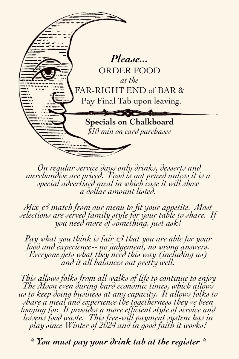 Humble Moon Folkstead and Saloon menu board