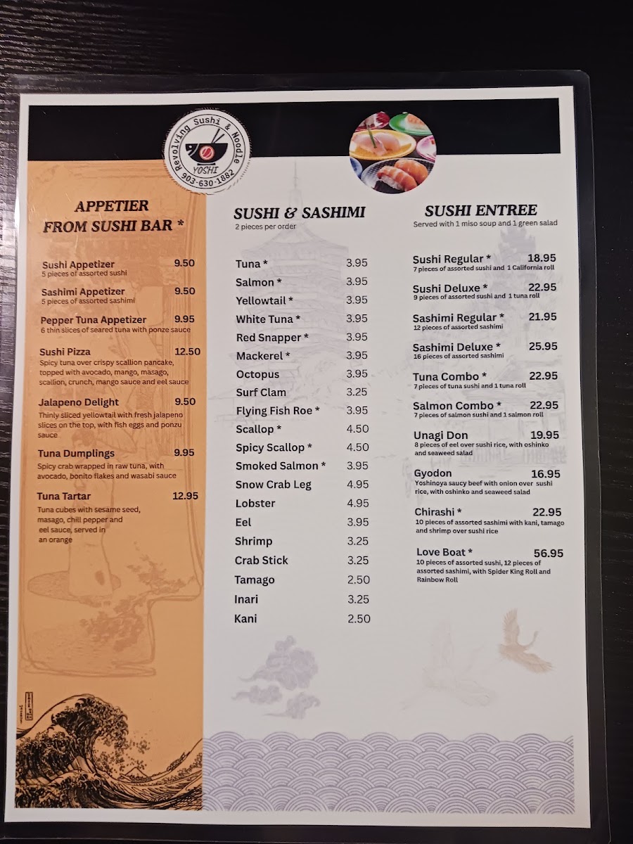 Yoshi Revolving Sushi & Noodle menu board