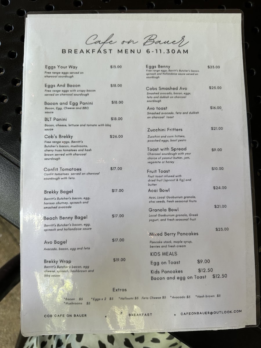 Cob - Cafe on Bauer menu board
