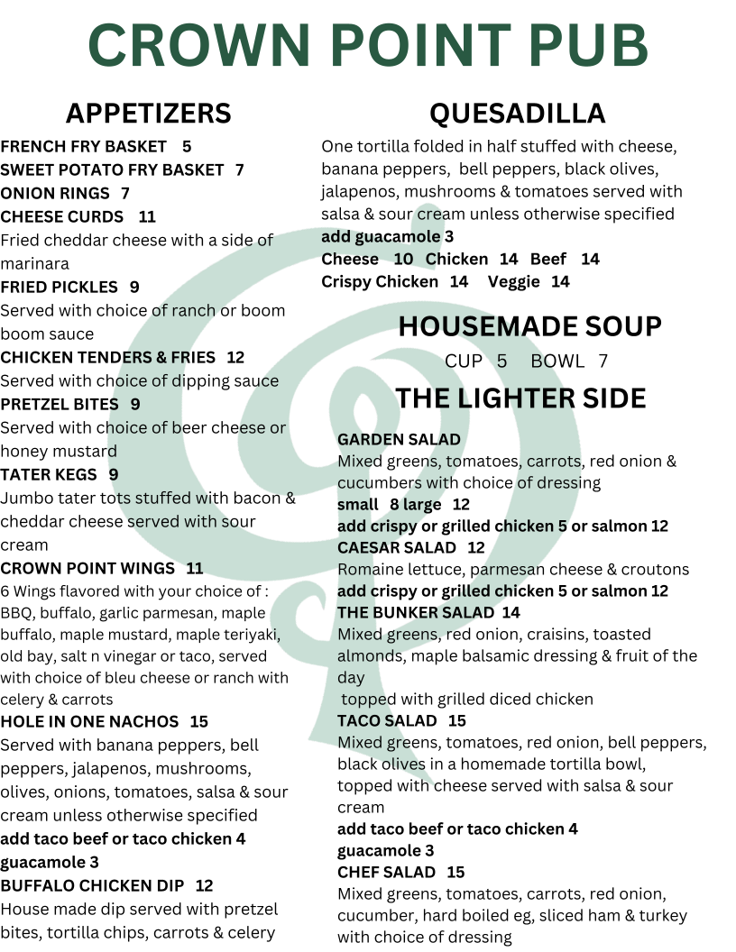 Crown Point Pub & Grill menu board