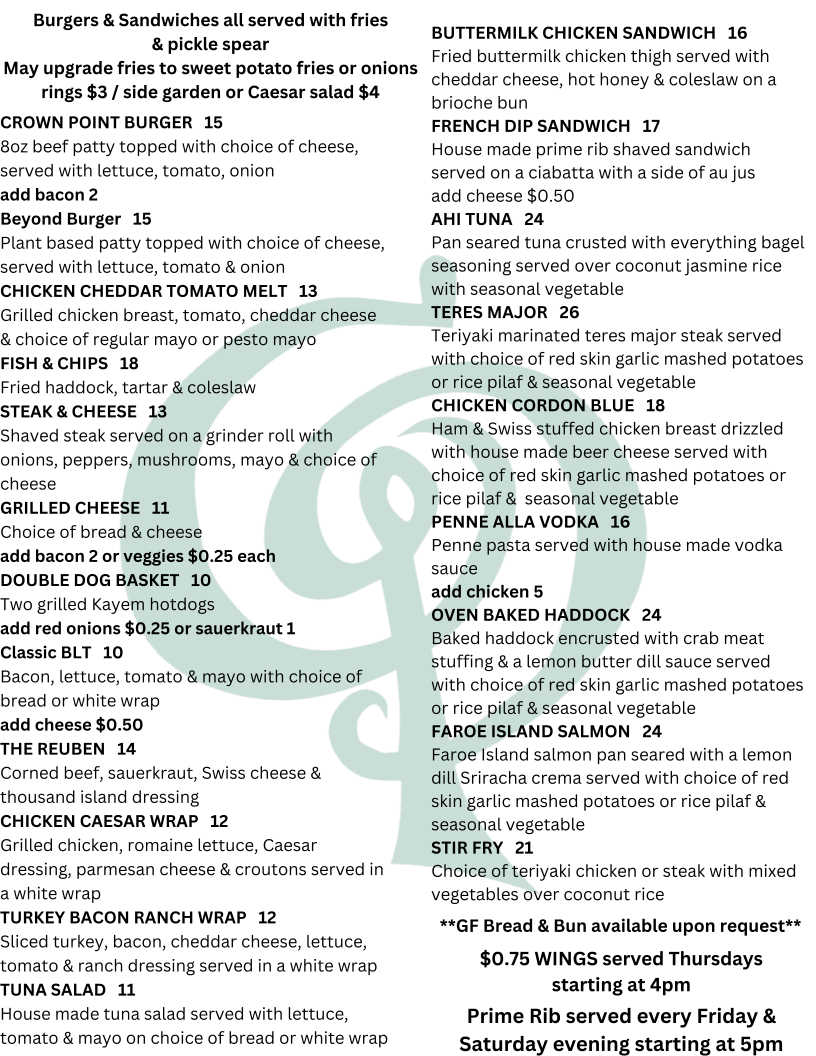 Crown Point Pub & Grill menu board