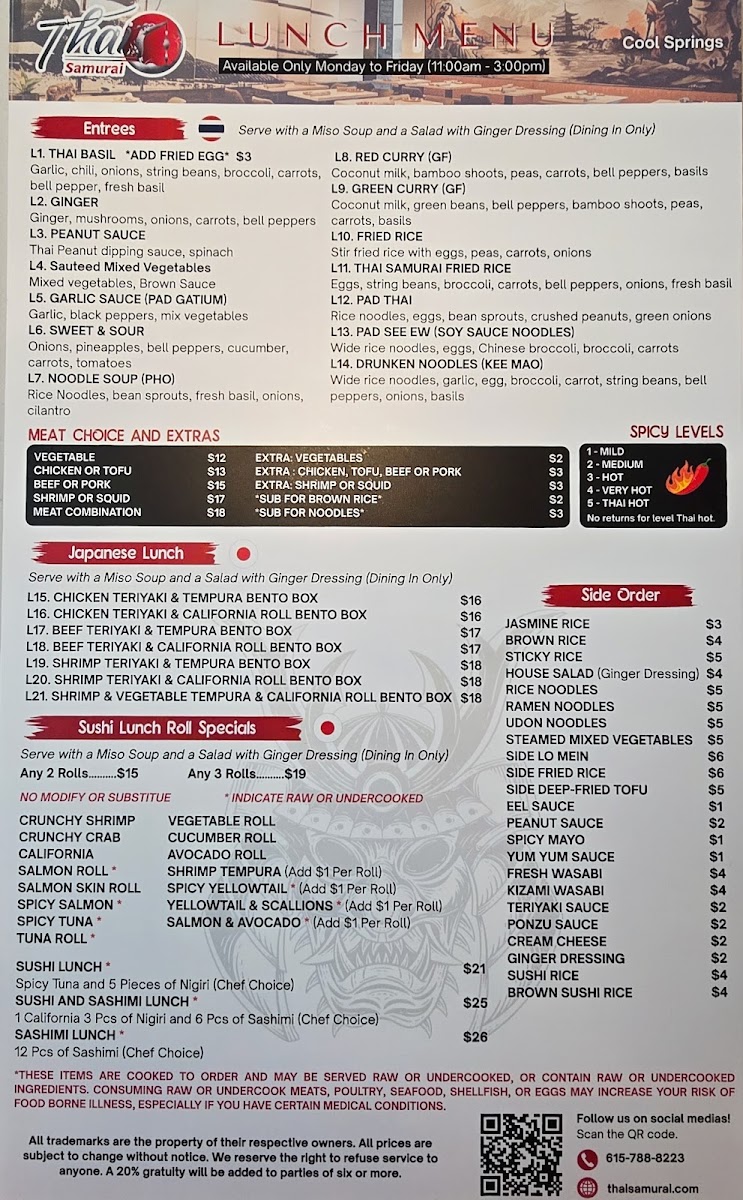 Thai Samurai Cool Springs menu board