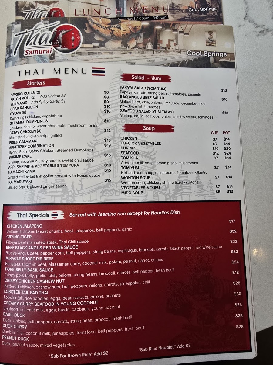 Thai Samurai Cool Springs menu board