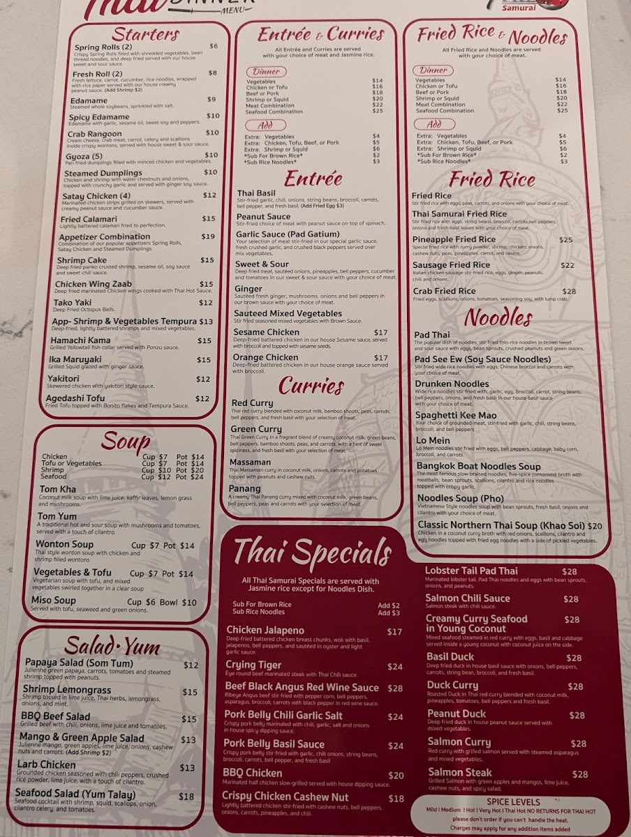 Thai Samurai Cool Springs menu board